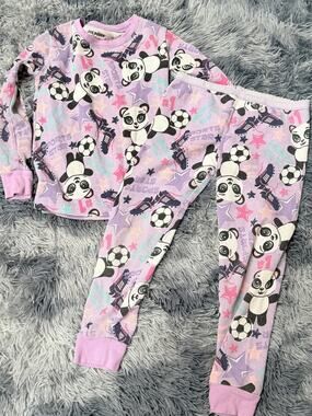 Joe Boxer thermal pajama set Lilac whimsical Panda & Soccer Print girls 5T
